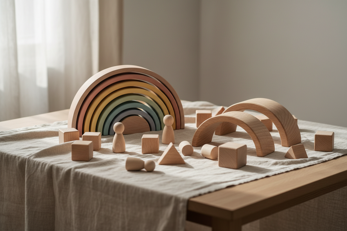 photograph featuring Waldorf-inspired wooden toys like rainbow stackers curved arches simple wooden figures or natural blocks arranged on a neutral linen textile or light oak surface in soft diffused natural window light