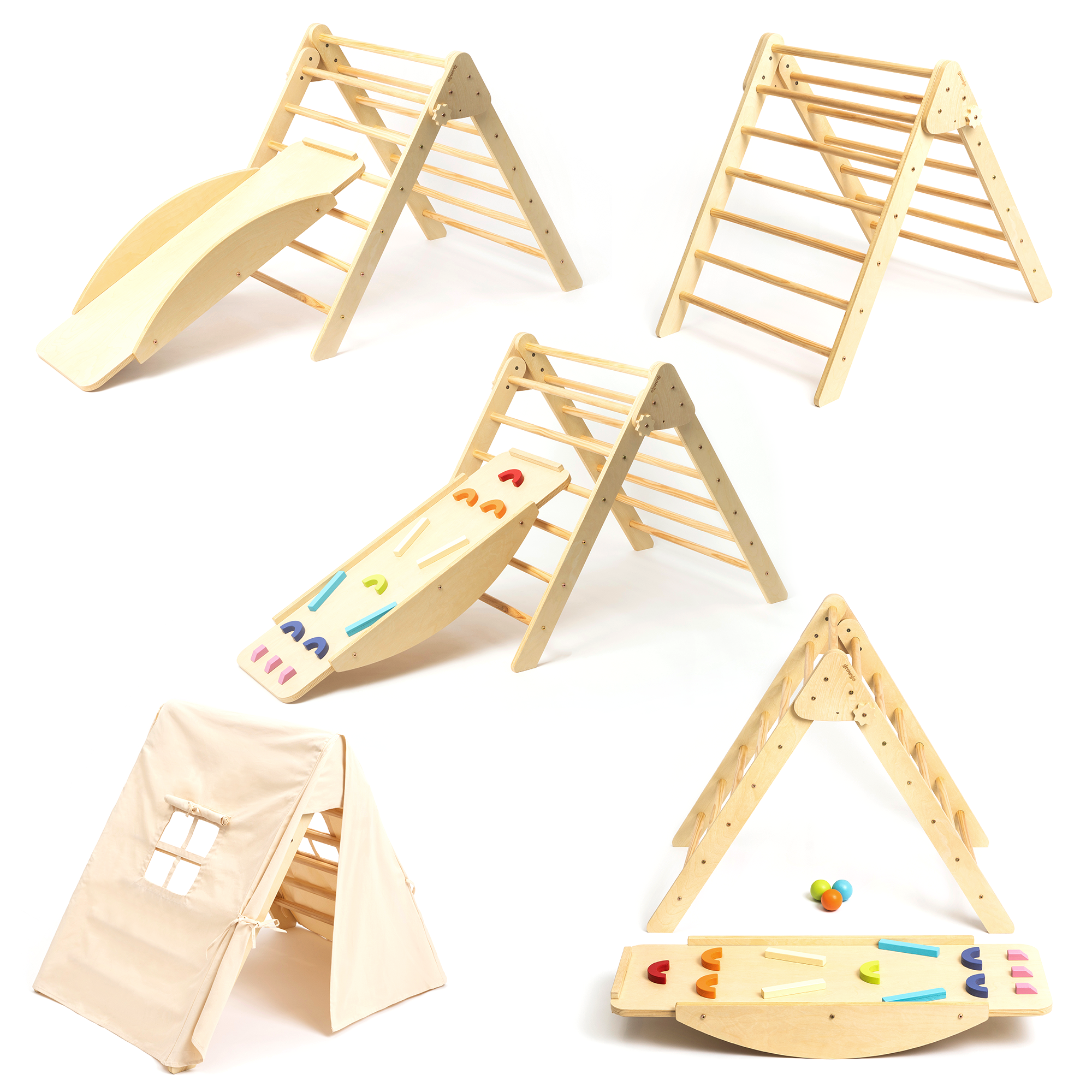Bundle: Pikler Triangle + Stepping Stones + Balance Beams | ForFullFun Toddler Toys