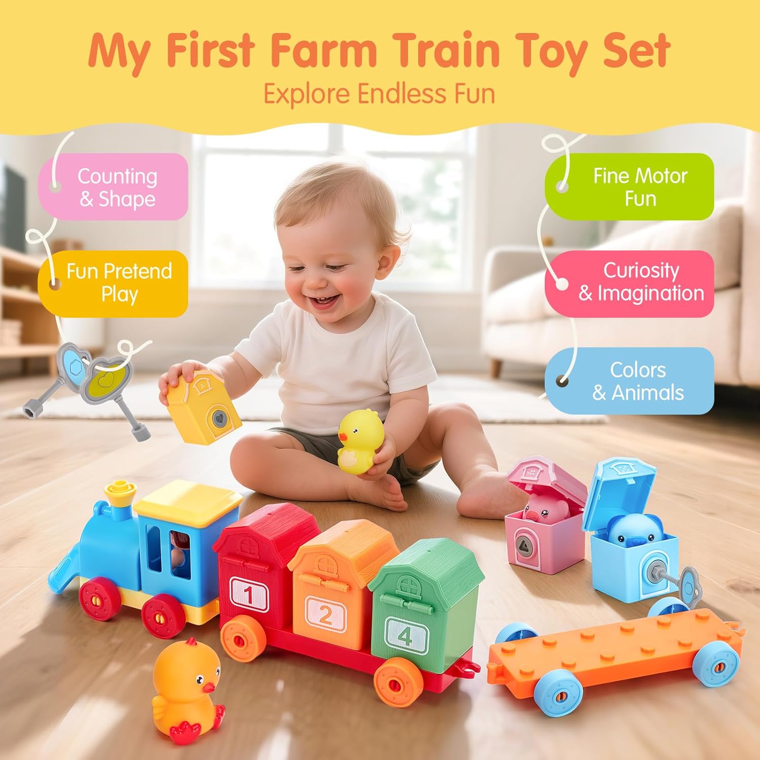 Child playing with a colorful toy train set on a wooden floor, with educational benefits highlighted.