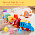 Colorful toy train with lock and unlock feature, featuring small animals and text 'Peek & Play Surprise!'.