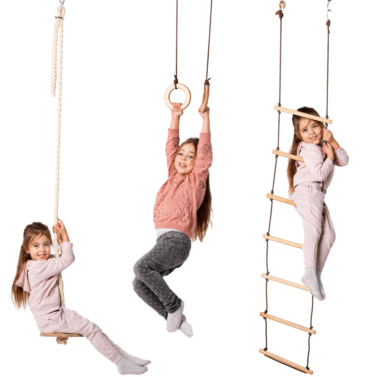 3-in-1 children's swing set with rope ladder, gymnastics rings and disc rope swing – ForFullFun