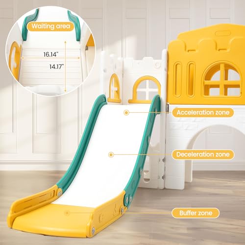 For Full Fun-8-in-1 Toddler Slide and Climber Set | Indoor Outdoor Playset with Basketball Hoop, Tunnel & Toy Storage | Safe HAPE & PP Material for Kids 1-3 (Orange/Green)-Toys & Games > Learning & Education Toys > Early Development & Activity Toys