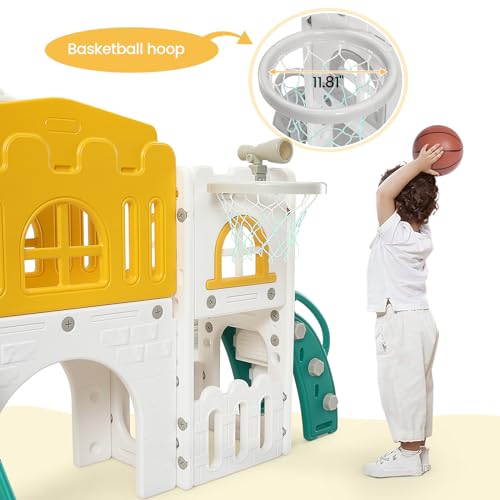 For Full Fun-8-in-1 Toddler Slide and Climber Set | Indoor Outdoor Playset with Basketball Hoop, Tunnel & Toy Storage | Safe HAPE & PP Material for Kids 1-3 (Orange/Green)-Toys & Games > Learning & Education Toys > Early Development & Activity Toys