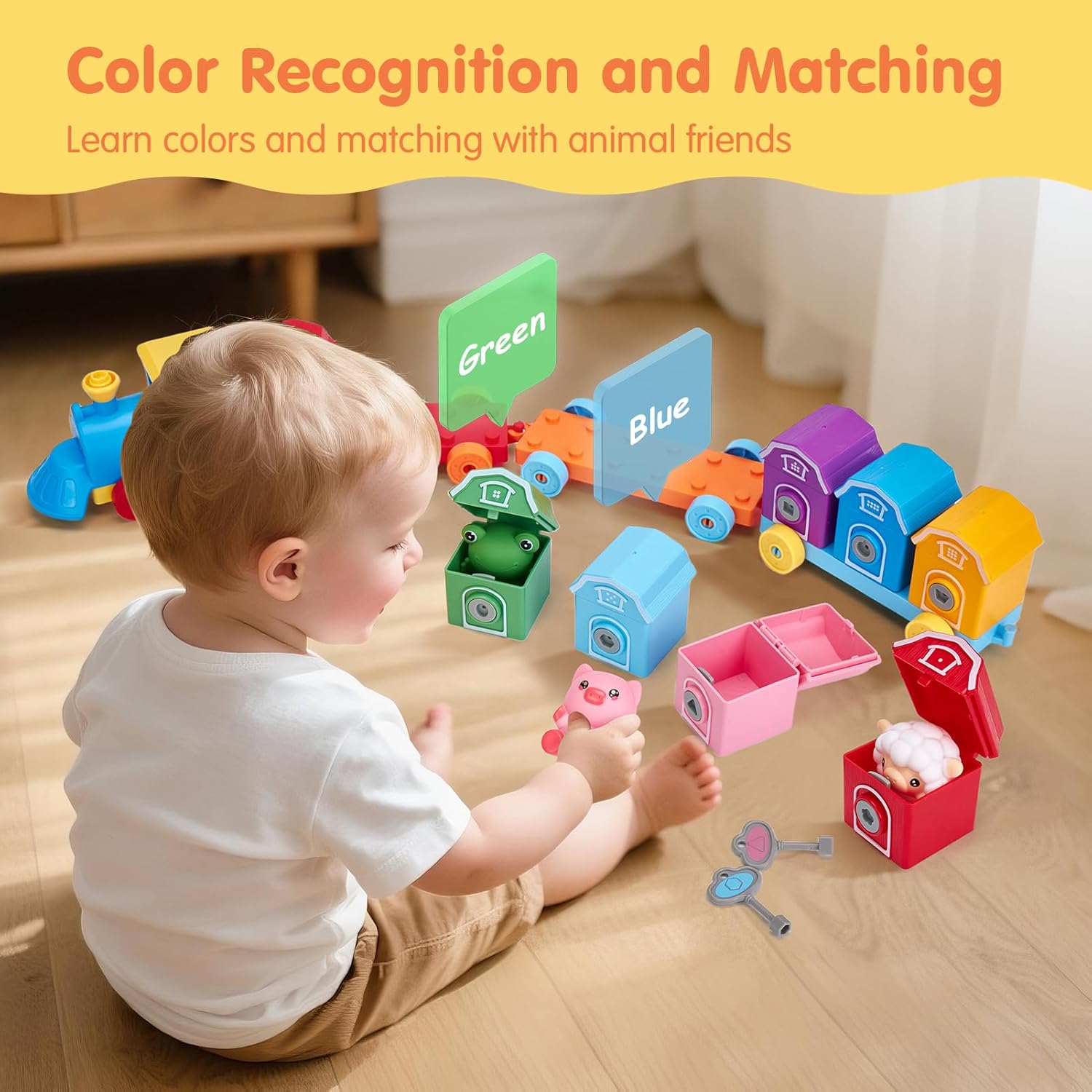 Child playing with colorful toy train set on a wooden floor, learning colors and matching.