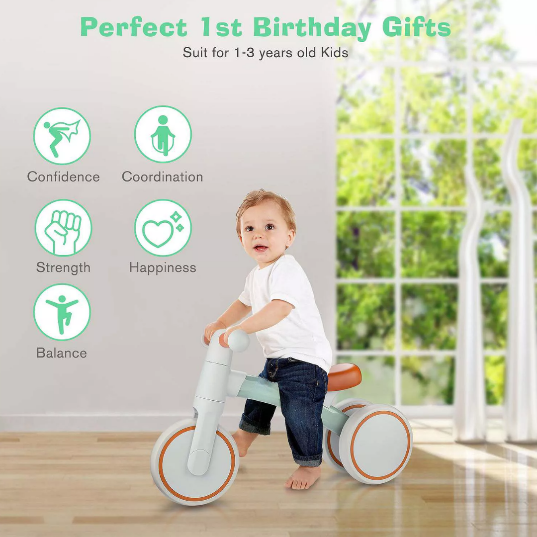 Toddler First Ride Montessori balance bike for 1 year plus, featuring a wooden frame and colorful design for early riding fun.
