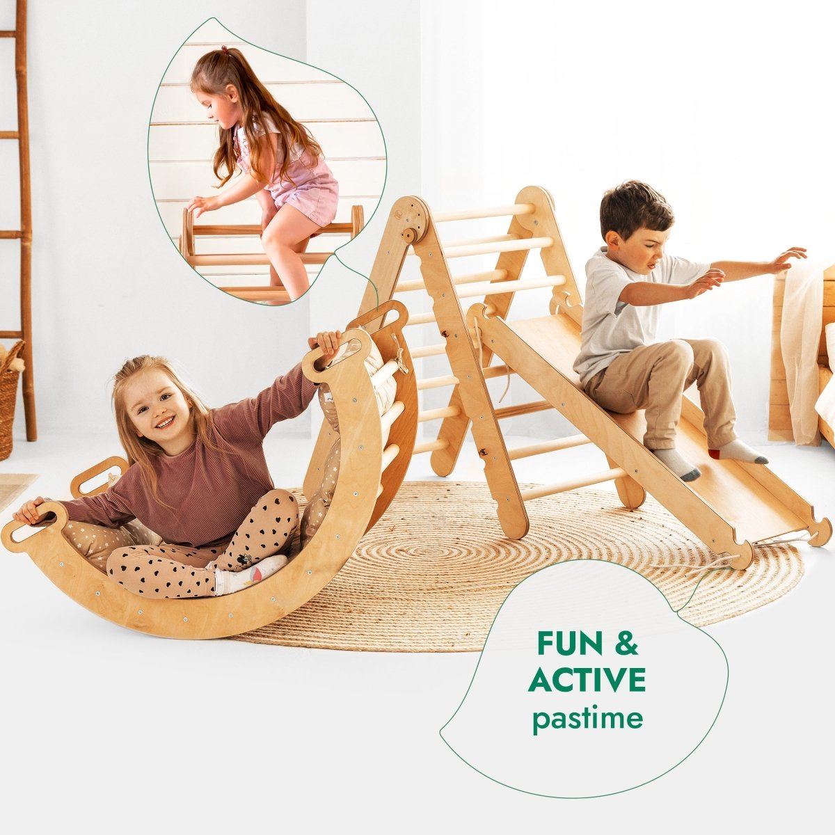 For Full Fun-4in1 Montessori Climbing Set: Triangle Ladder + Climbing Arch + Slide Board & Cushion – Beige-4in1 Playsets