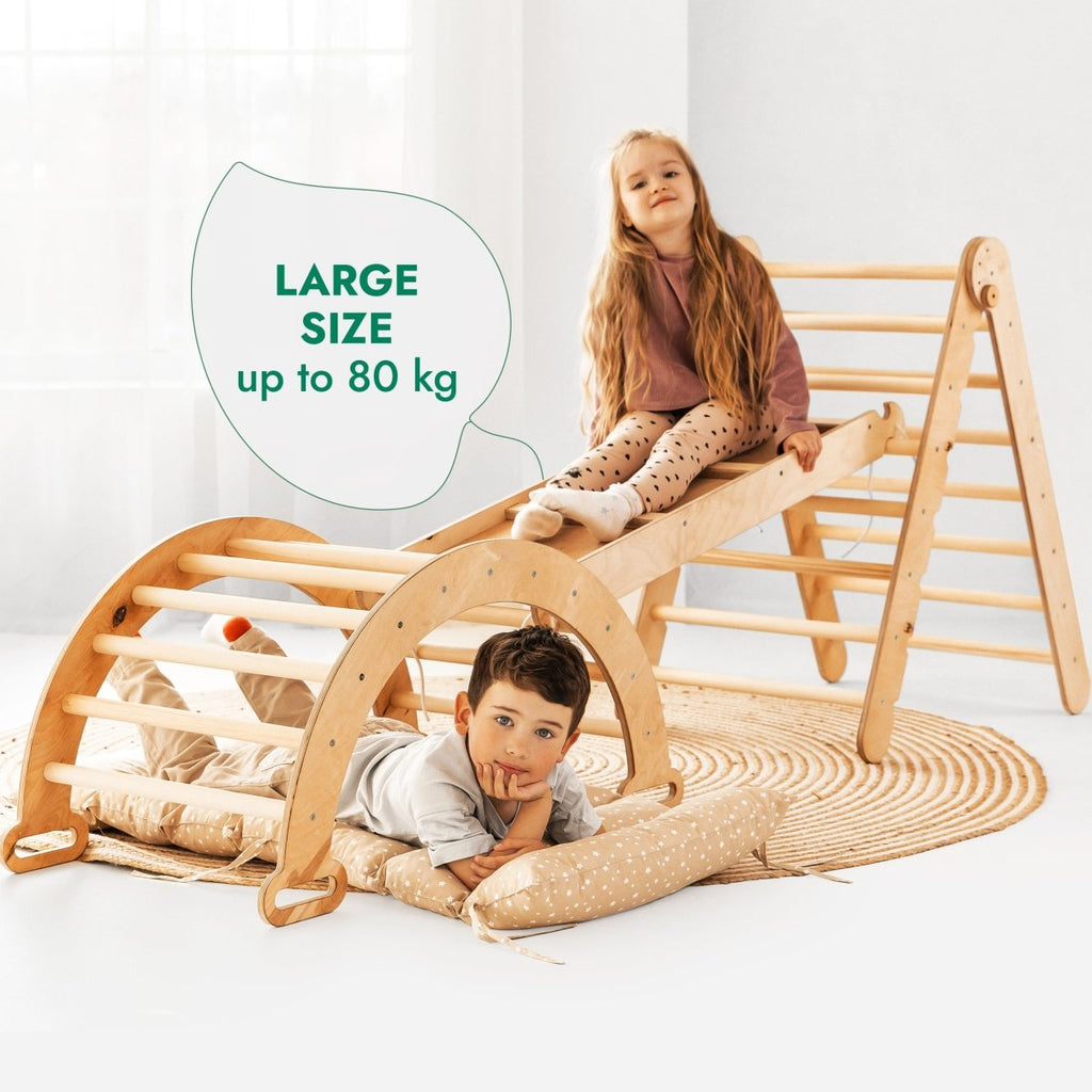 For Full Fun-4in1 Montessori Climbing Set: Triangle Ladder + Climbing Arch + Slide Board & Cushion – Beige-4in1 Playsets