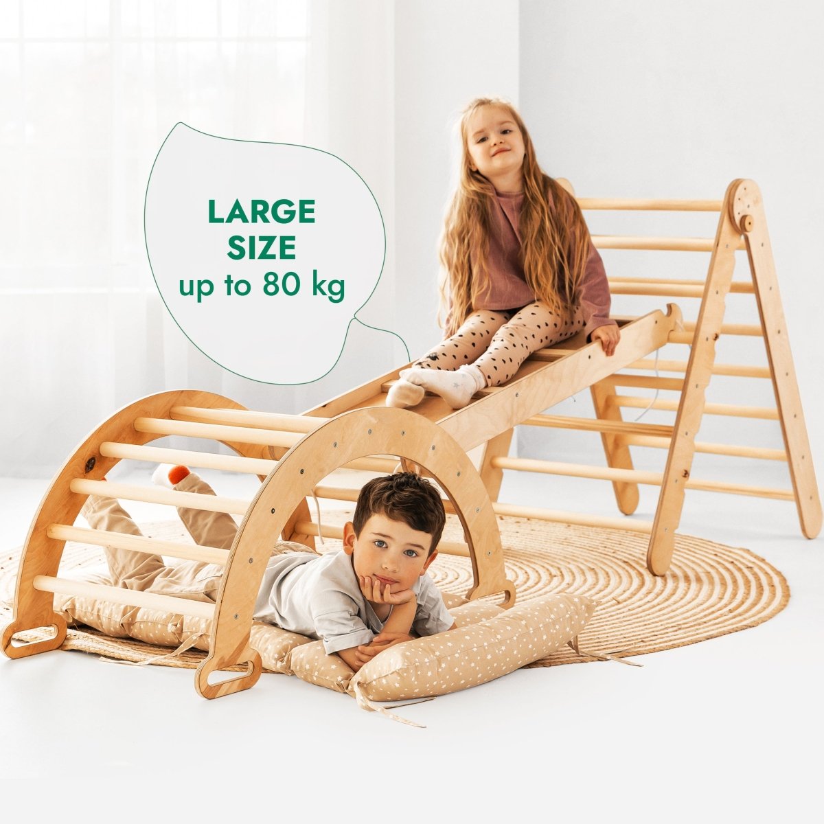 For Full Fun-4in1 Montessori Climbing Set: Triangle Ladder + Climbing Arch + Slide Board & Cushion – Beige-4in1 Playsets