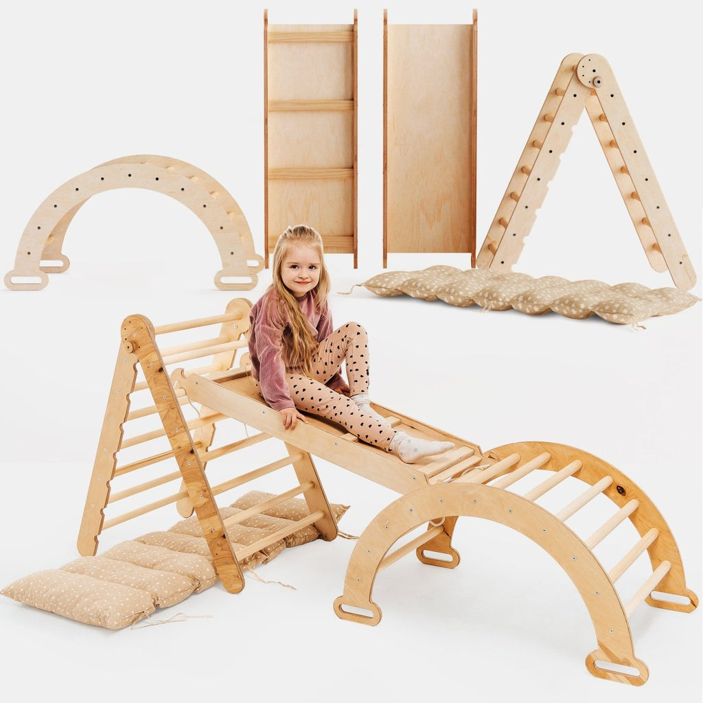 4-in-1 Montessori climbing set with triangle ladder, arch, slide board and beige cushion – ForFullFun