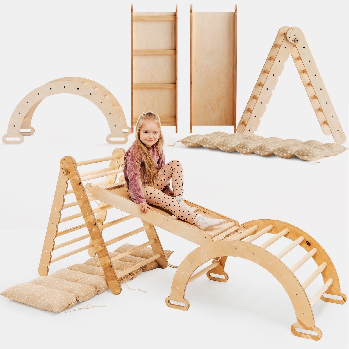 4-in-1 Montessori climbing set with triangle ladder, arch, slide board and beige cushion – ForFullFun