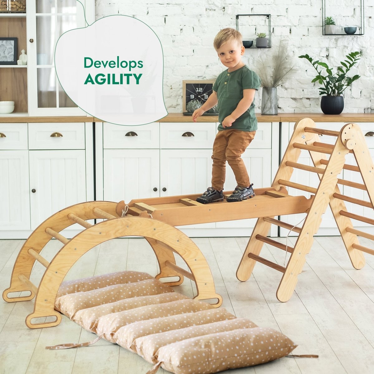 For Full Fun-4in1 Montessori Climbing Set: Triangle Ladder + Climbing Arch + Slide Board & Cushion – Beige-4in1 Playsets