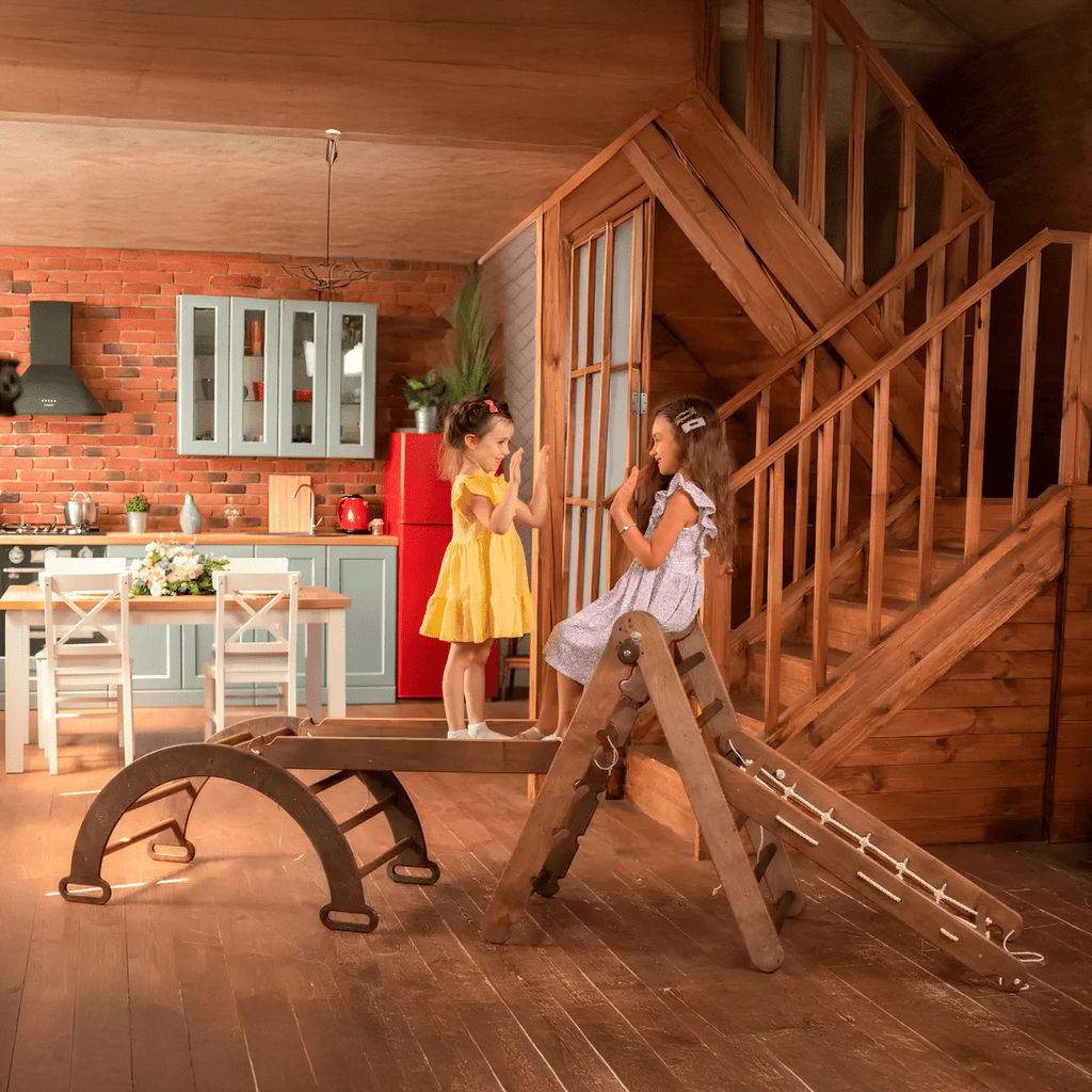 For Full Fun-4in1 Montessori Climbing Set: Triangle Ladder + Climbing Arch + Slide Board + Net – Beige-4in1 Playsets