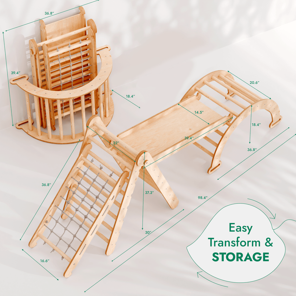 For Full Fun-4in1 Montessori Climbing Set: Triangle Ladder + Climbing Arch + Slide Board + Net – Beige-4in1 Playsets