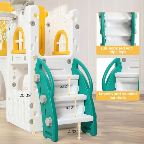 For Full Fun-8-in-1 Toddler Slide and Climber Set | Indoor Outdoor Playset with Basketball Hoop, Tunnel & Toy Storage | Safe HAPE & PP Material for Kids 1-3 (Orange/Green)-Toys & Games > Learning & Education Toys > Early Development & Activity Toys