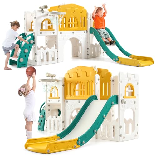 For Full Fun-8-in-1 Toddler Slide and Climber Set | Indoor Outdoor Playset with Basketball Hoop, Tunnel & Toy Storage | Safe HAPE & PP Material for Kids 1-3 (Orange/Green)-Toys & Games > Learning & Education Toys > Early Development & Activity Toys
