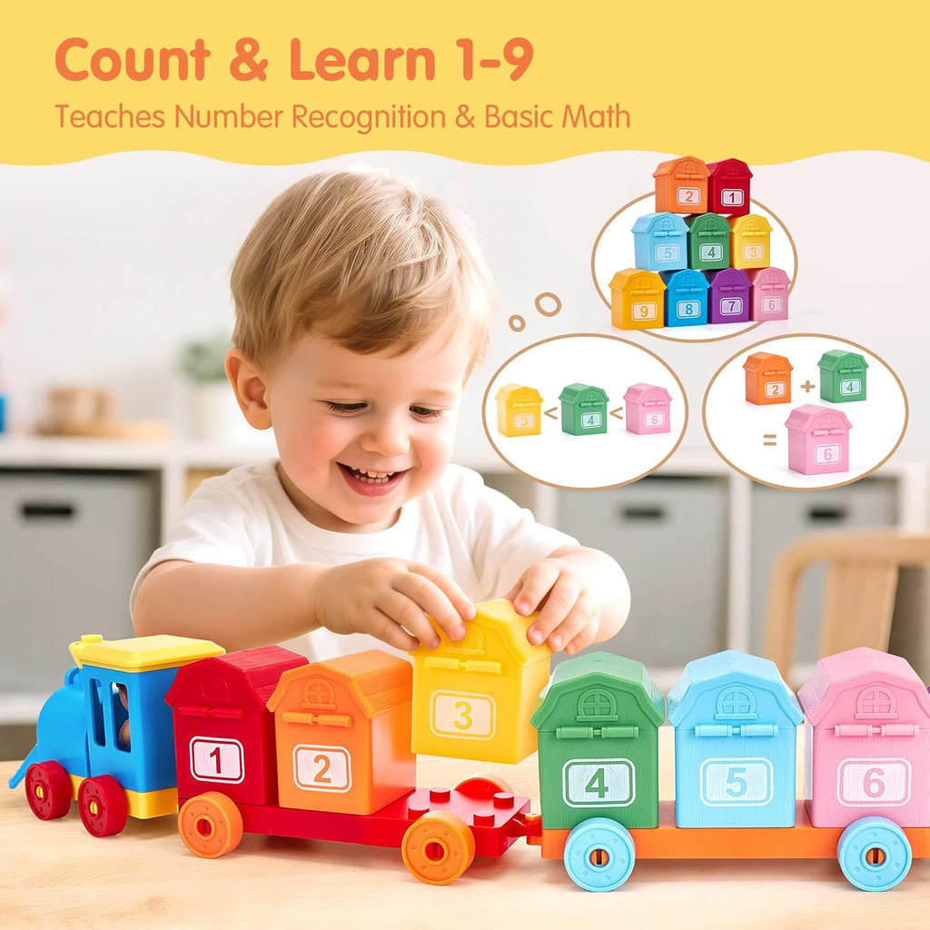 Child playing with a colorful toy train set designed for number recognition and basic math education.