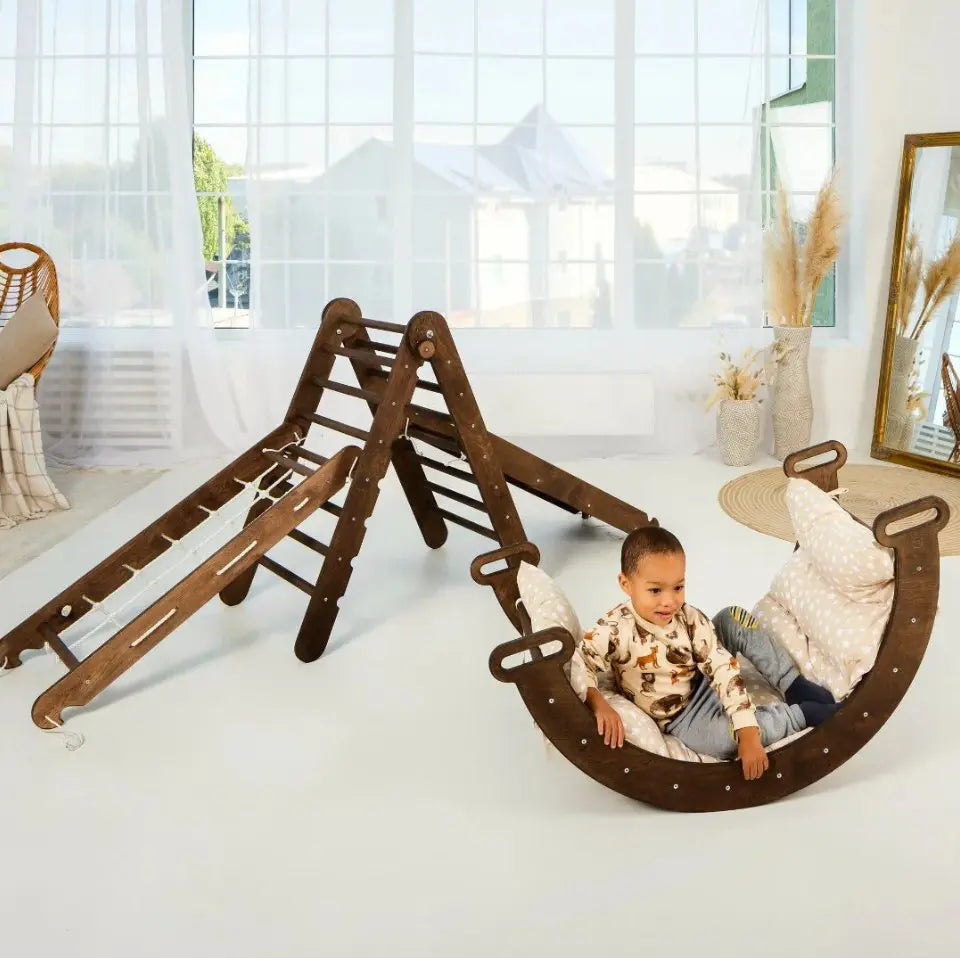 For Full Fun-5in1 Montessori Climbing Set: Triangle Ladder + Arch/Rocker + Slide Board/Ramp + Netting rope + Cushion-5in1 Playsets