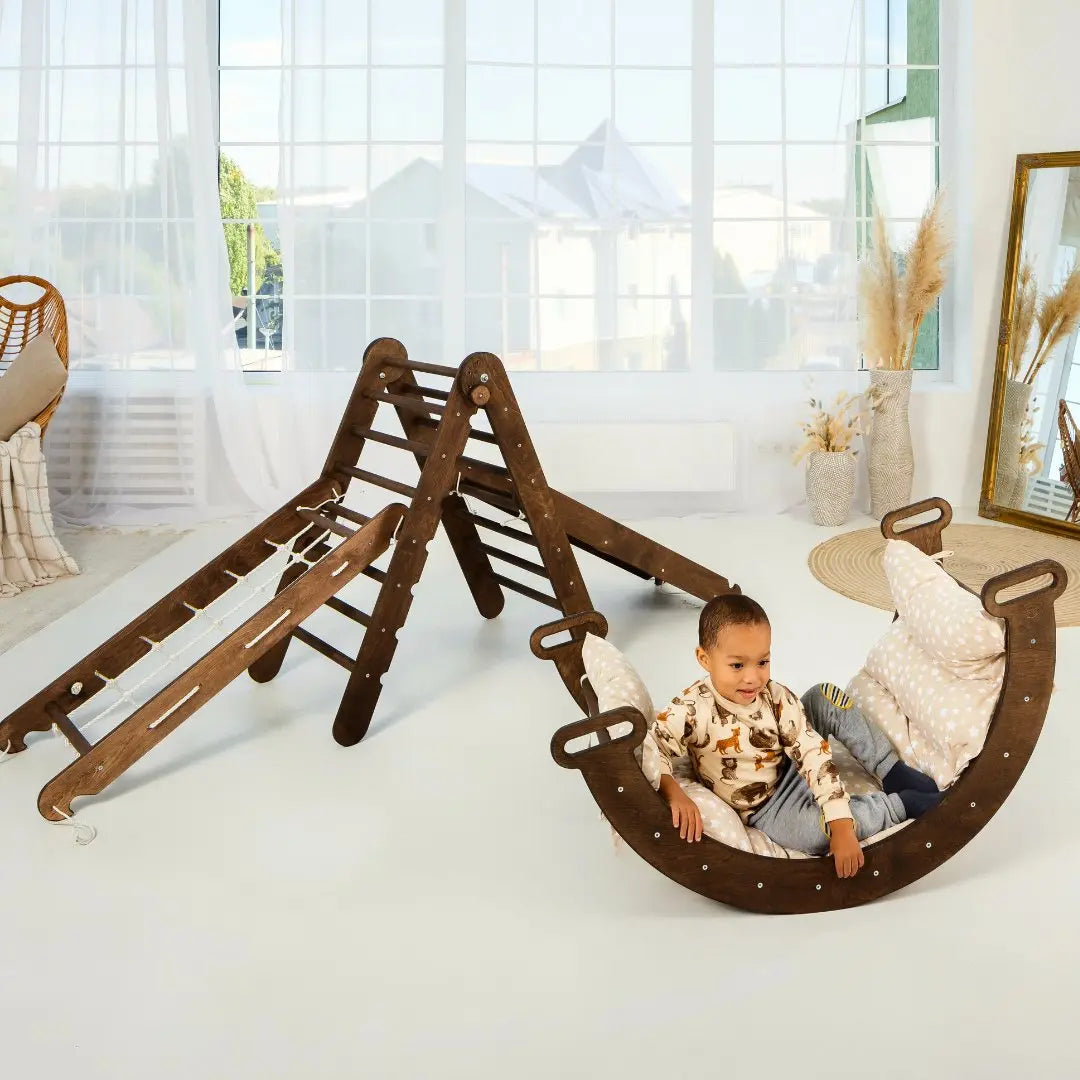 5-in-1 Montessori climbing set with arch rocker, slide ramp, net and cushion in chocolate – ForFullFun