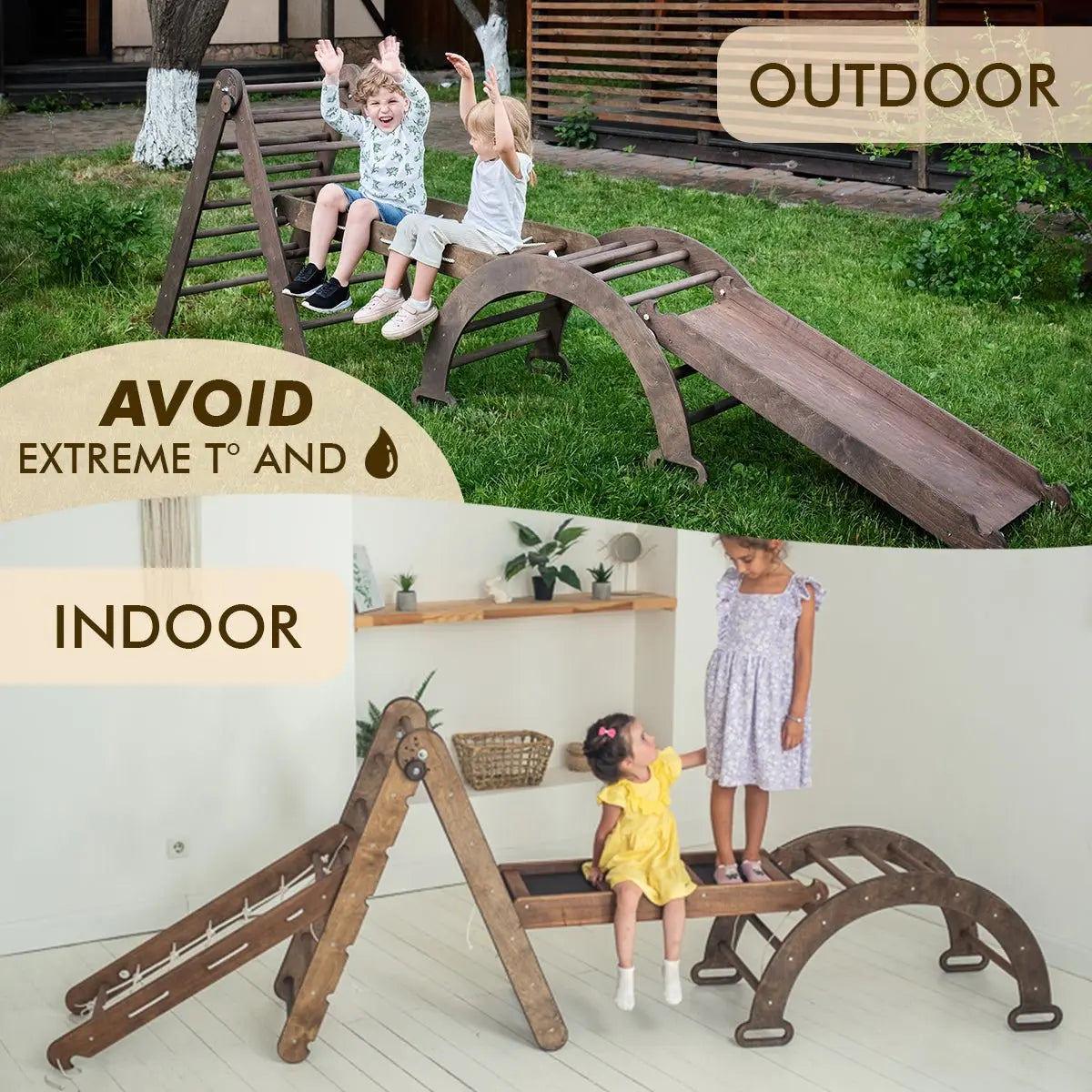 For Full Fun-5in1 Montessori Climbing Set: Triangle Ladder, Climbing Arch, Slide, Net & Cushion – Chocolate-5in1 Playsets