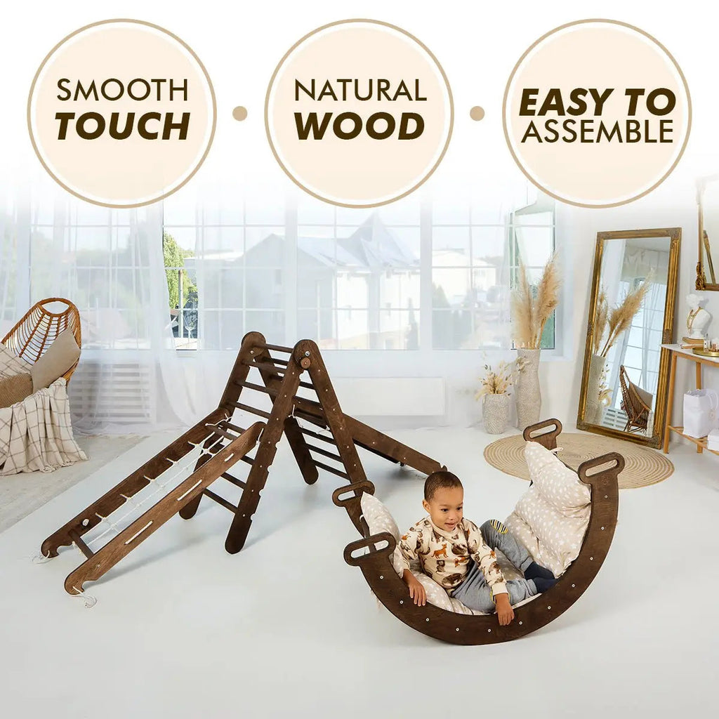 For Full Fun-5in1 Montessori Climbing Set: Triangle Ladder, Climbing Arch, Slide, Net & Cushion – Chocolate-5in1 Playsets