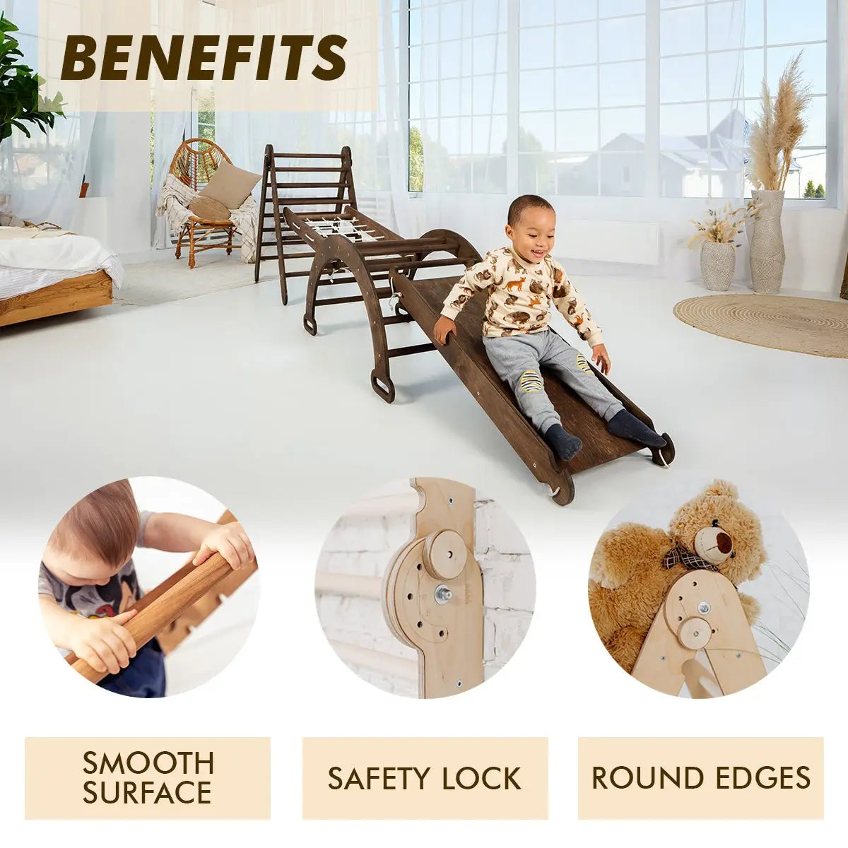 For Full Fun-5in1 Montessori Climbing Set: Triangle Ladder, Climbing Arch, Slide, Net & Cushion – Chocolate-5in1 Playsets