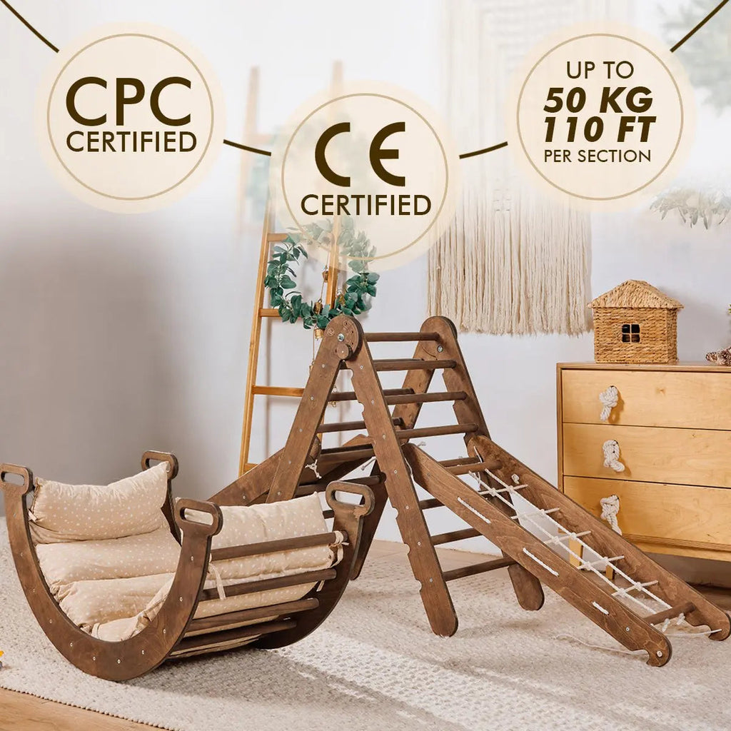For Full Fun-5in1 Montessori Climbing Set: Triangle Ladder, Climbing Arch, Slide, Net & Cushion – Chocolate-5in1 Playsets