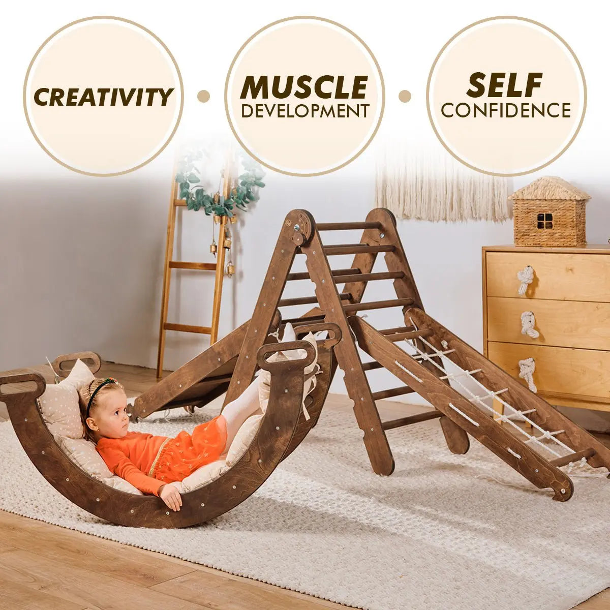 For Full Fun-5in1 Montessori Climbing Set: Triangle Ladder, Climbing Arch, Slide, Net & Cushion – Chocolate-5in1 Playsets