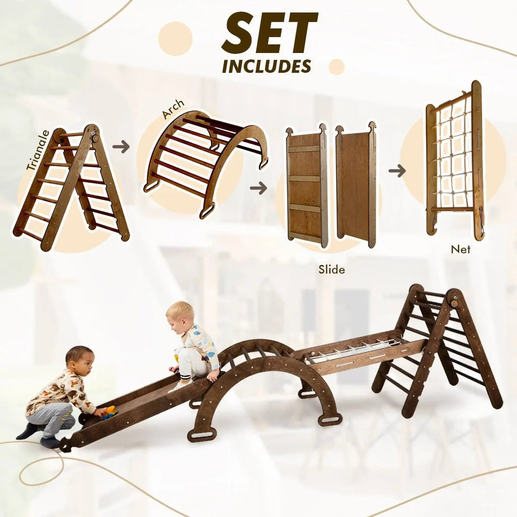 For Full Fun-5in1 Montessori Climbing Set: Triangle Ladder, Climbing Arch, Slide, Net & Cushion – Chocolate-5in1 Playsets