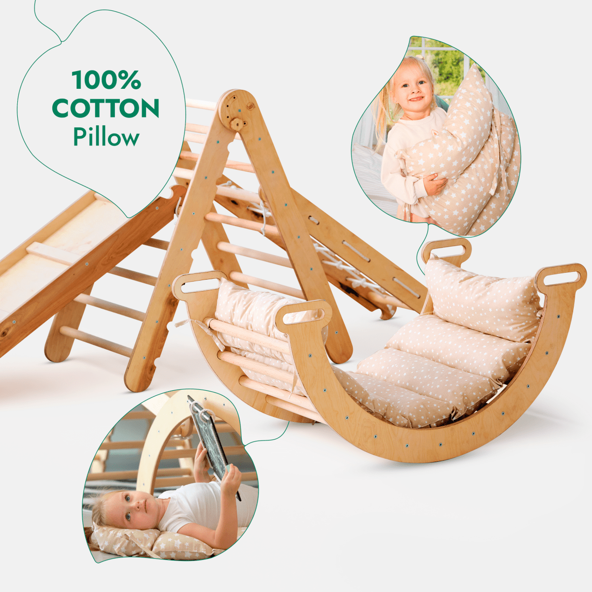 For Full Fun-5in1 Montessori Climbing Set: Triangle Ladder + Arch/Rocker + Slide Board/Ramp + Netting rope + Cushion-5in1 Playsets