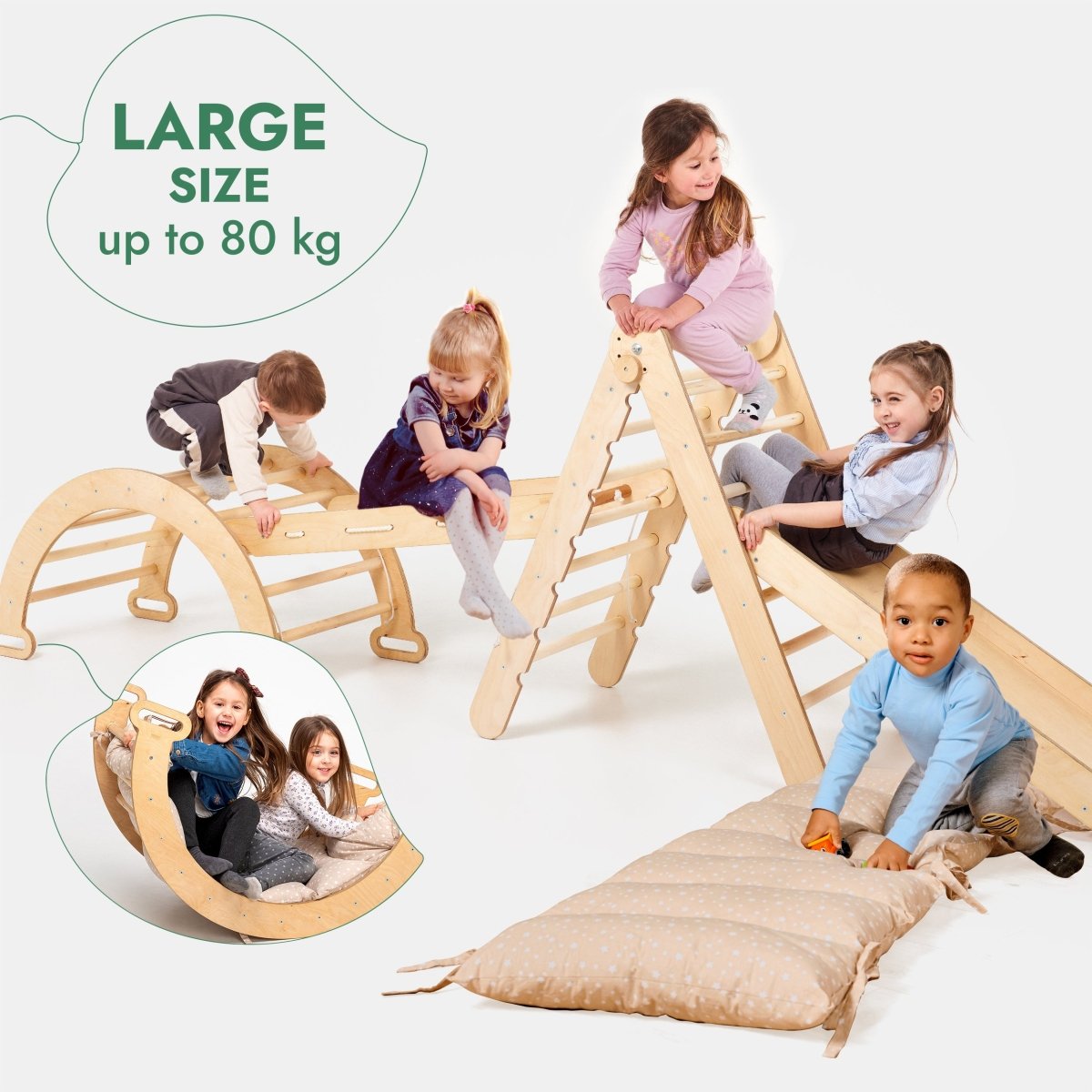 For Full Fun-5in1 Montessori Climbing Set: Triangle Ladder + Arch/Rocker + Slide Board/Ramp + Netting rope + Cushion-5in1 Playsets