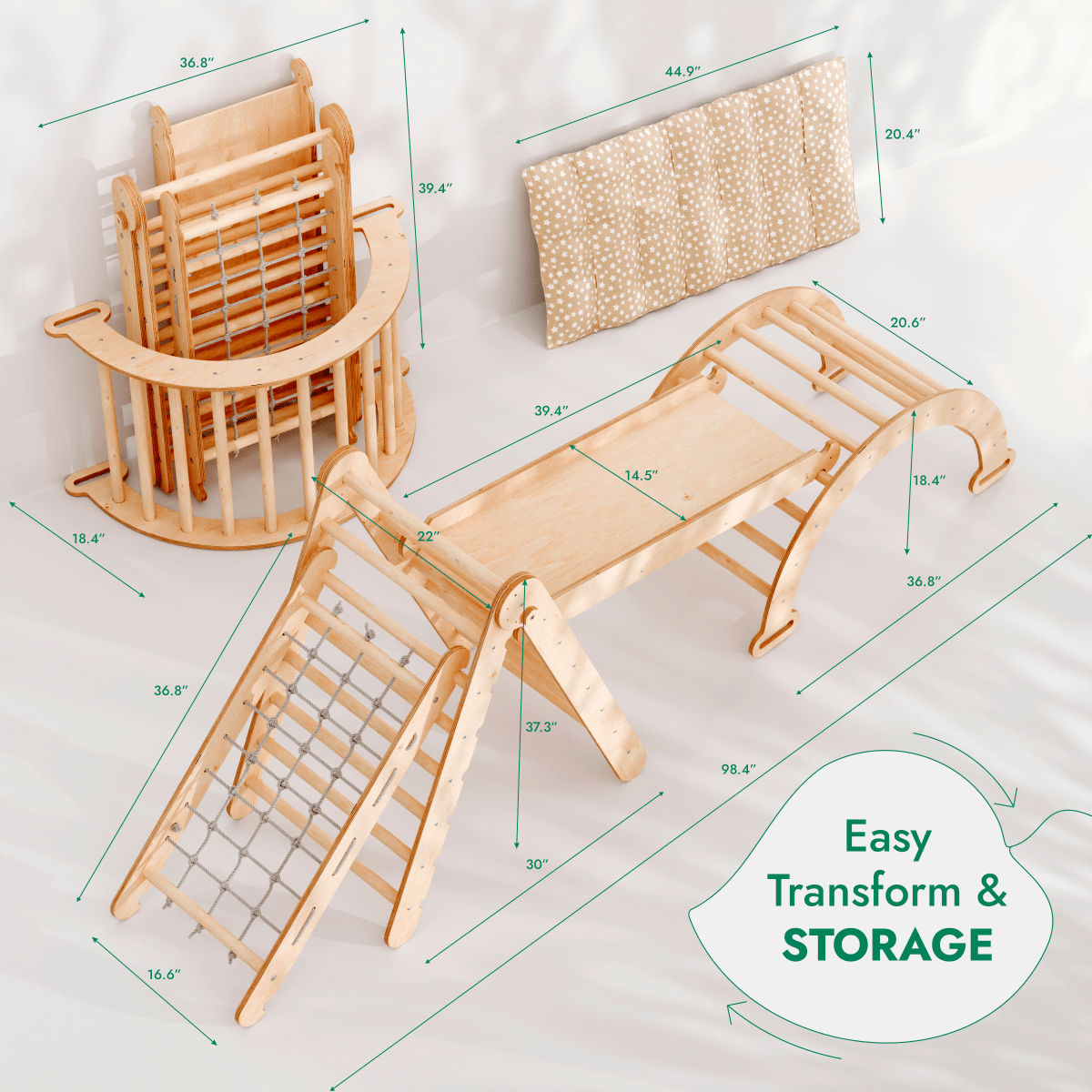 For Full Fun-5in1 Montessori Climbing Set: Triangle Ladder + Arch/Rocker + Slide Board/Ramp + Netting rope + Cushion-5in1 Playsets