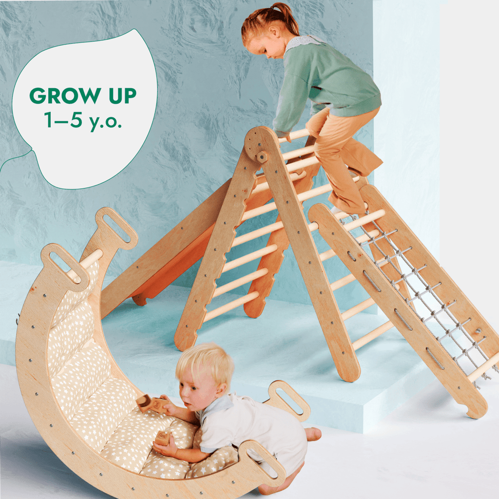 For Full Fun-5in1 Montessori Climbing Set: Triangle Ladder + Arch/Rocker + Slide Board/Ramp + Netting rope + Cushion-5in1 Playsets