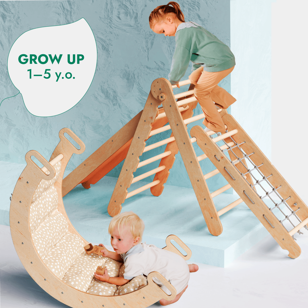 For Full Fun-5in1 Montessori Climbing Set: Triangle Ladder + Arch/Rocker + Slide Board/Ramp + Netting rope + Cushion-5in1 Playsets