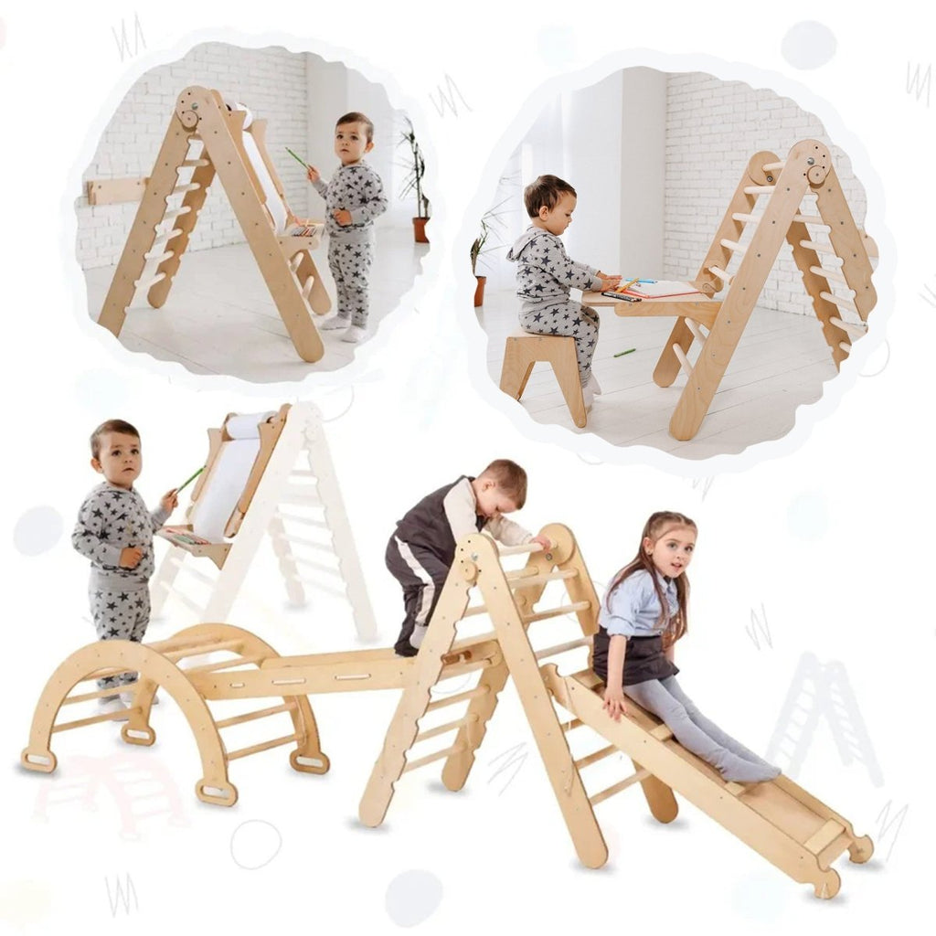 5-in-1 Montessori climbing set with triangle ladder, arch, slide, rope net and art addition – ForFullFun