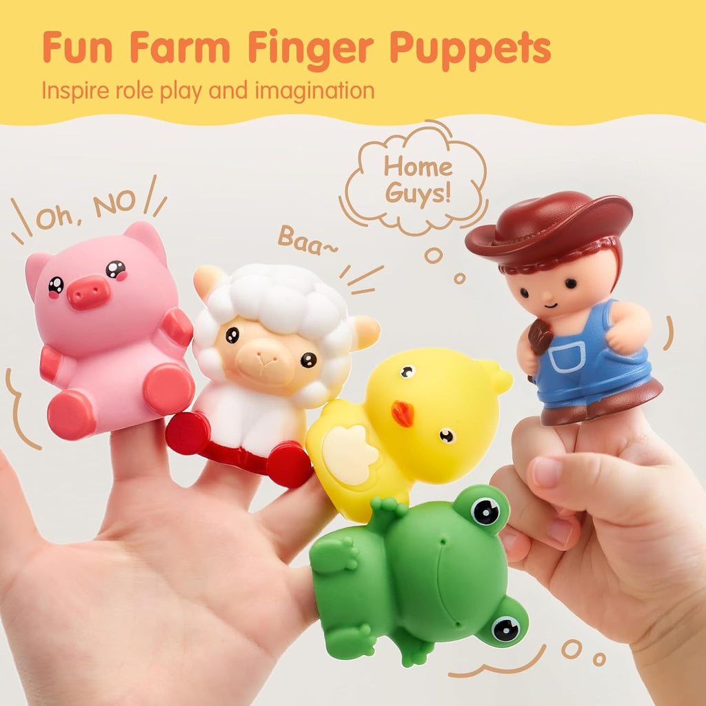 Five colorful farm-themed finger puppets held by hands against a light background with promotional text.