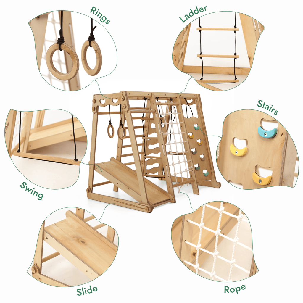 For Full Fun-6in1 Indoor Jungle Gym for Toddler: Playground + Swings Set + Slide Board + Rope + Stairs-6in1 Playsets