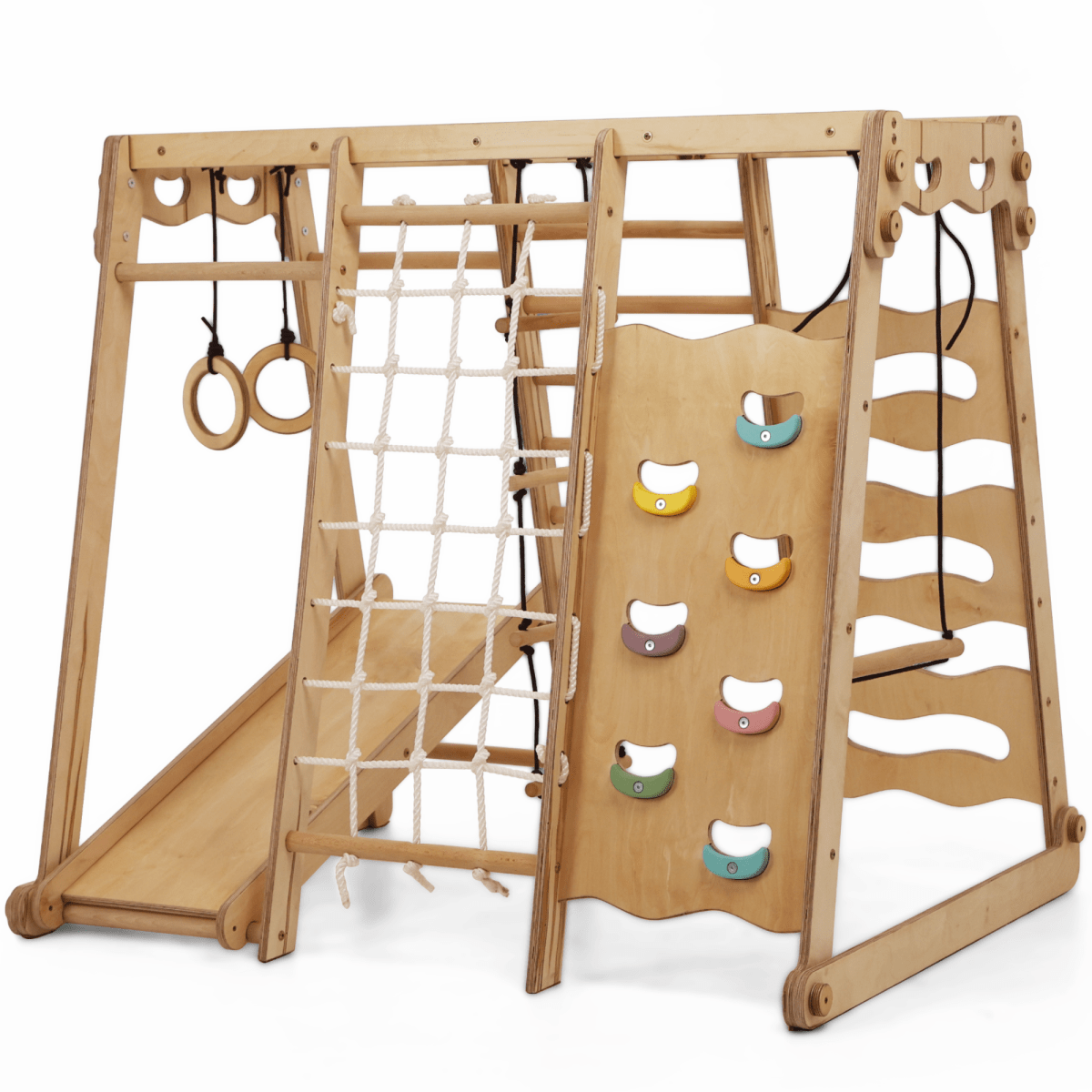 6-in-1 indoor wooden jungle gym with swings, slide board, rope and stairs for children – ForFullFun