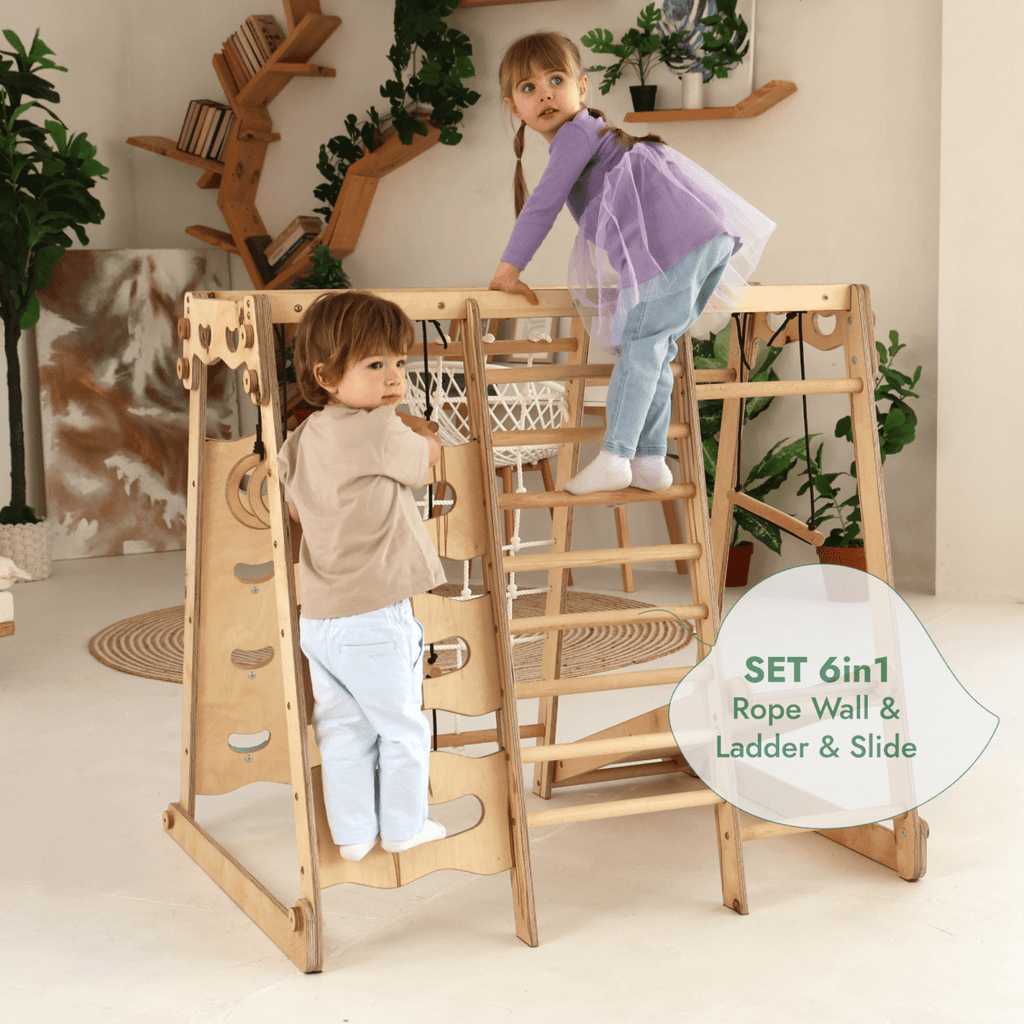 For Full Fun-6in1 Indoor Jungle Gym for Toddler: Playground + Swings Set + Slide Board + Rope + Stairs-6in1 Playsets