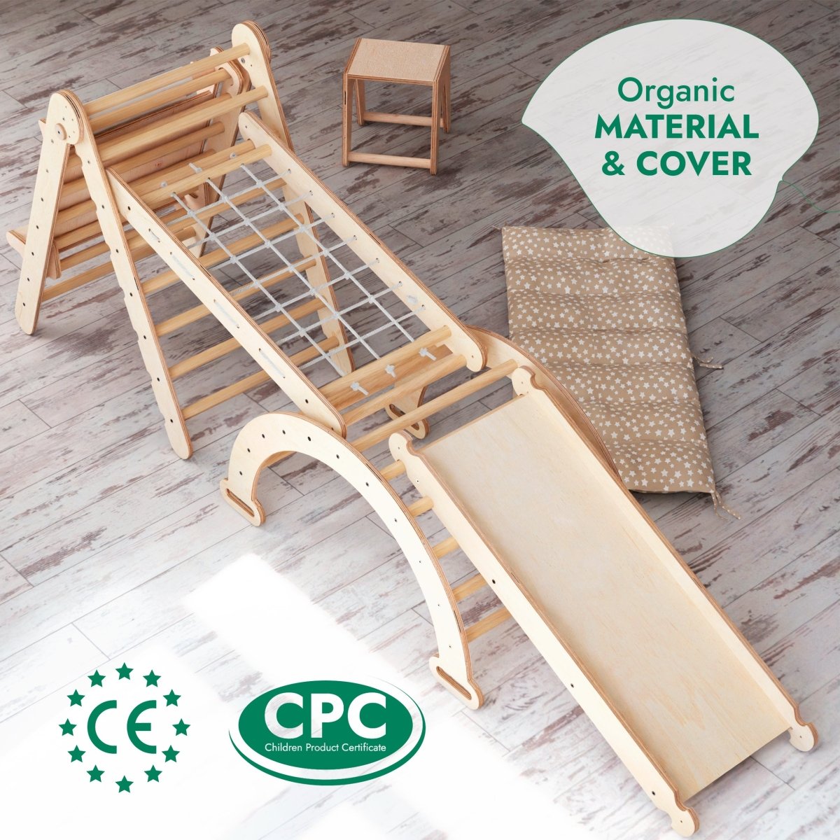 For Full Fun-6in1 Montessori Climbing Set: Triangle Ladder + Arch/Rocker + Slide/Ramp + Net + Cushion + Art Addition-6in1 Playsets