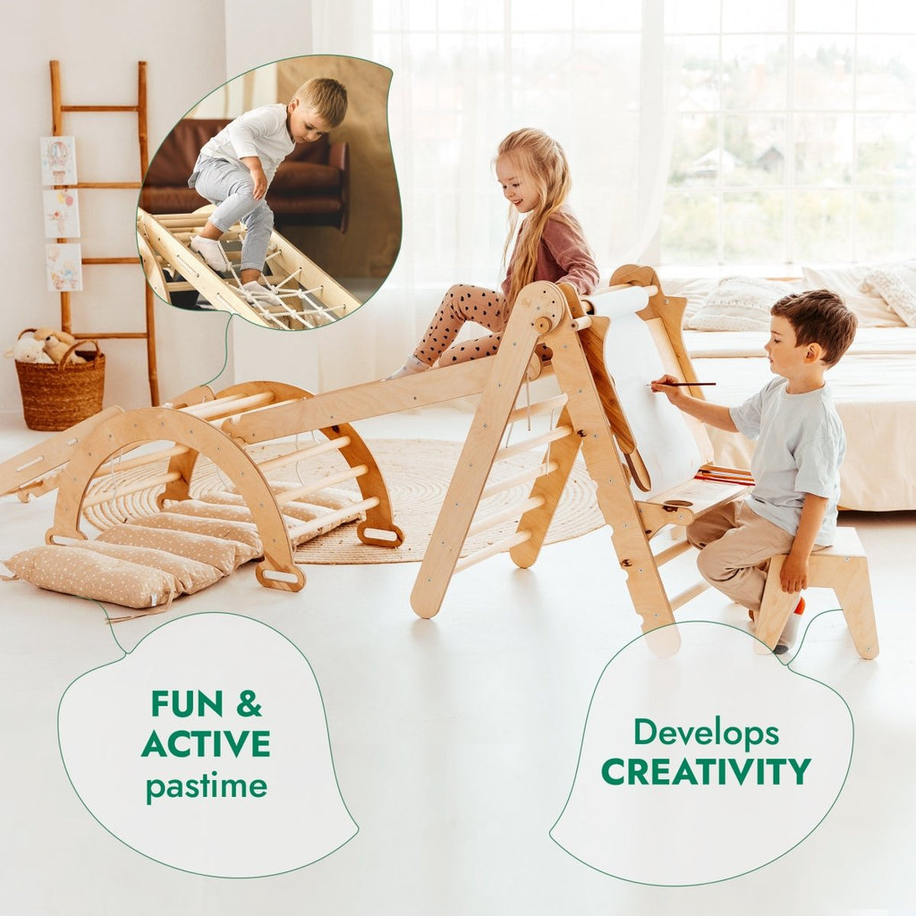 For Full Fun-6in1 Montessori Climbing Set: Triangle Ladder + Arch/Rocker + Slide/Ramp + Net + Cushion + Art Addition-6in1 Playsets