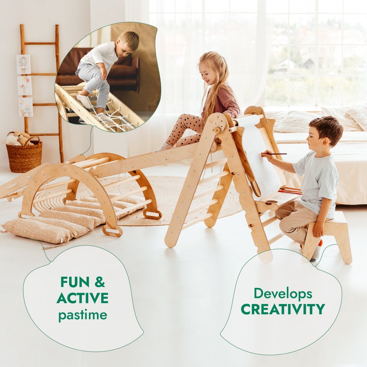 For Full Fun-6in1 Montessori Climbing Set: Triangle Ladder + Arch/Rocker + Slide/Ramp + Net + Cushion + Art Addition-6in1 Playsets