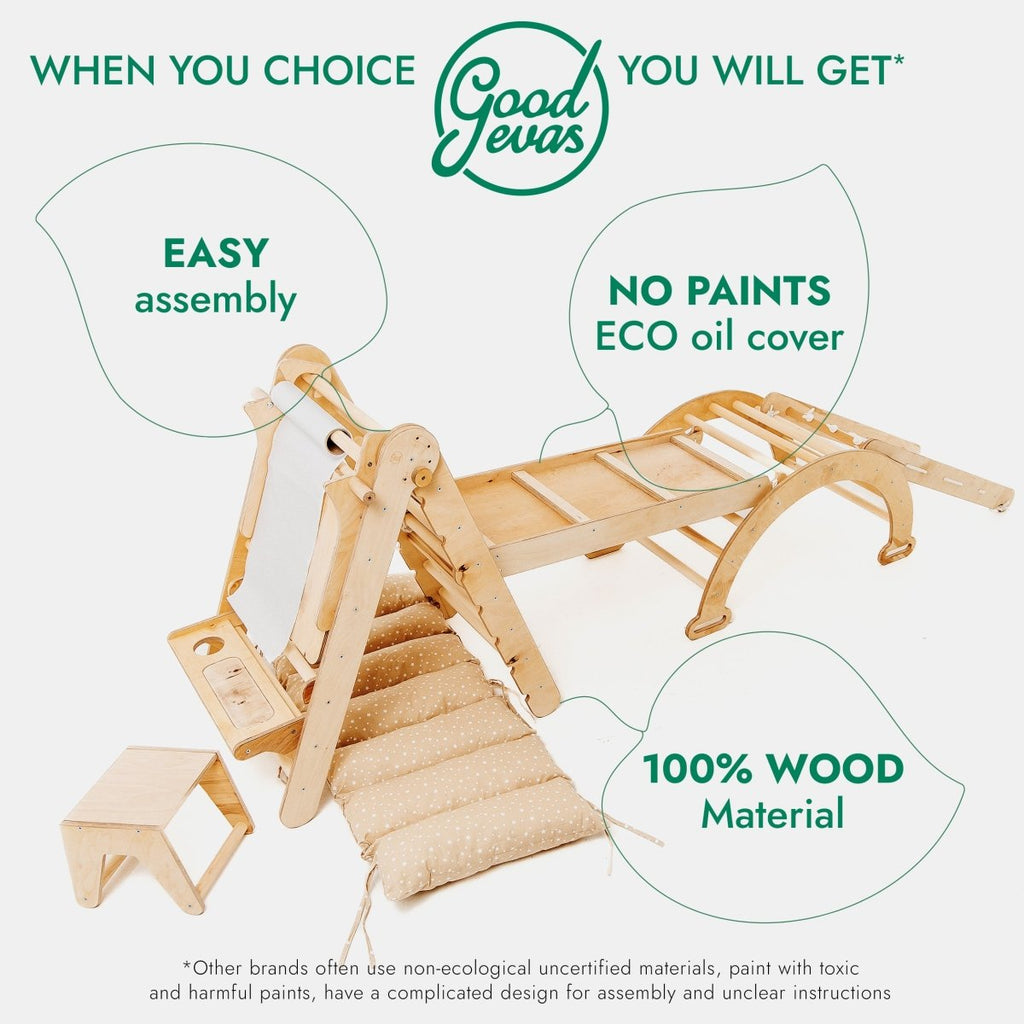 For Full Fun-6in1 Montessori Climbing Set: Triangle Ladder + Arch/Rocker + Slide/Ramp + Net + Cushion + Art Addition-6in1 Playsets