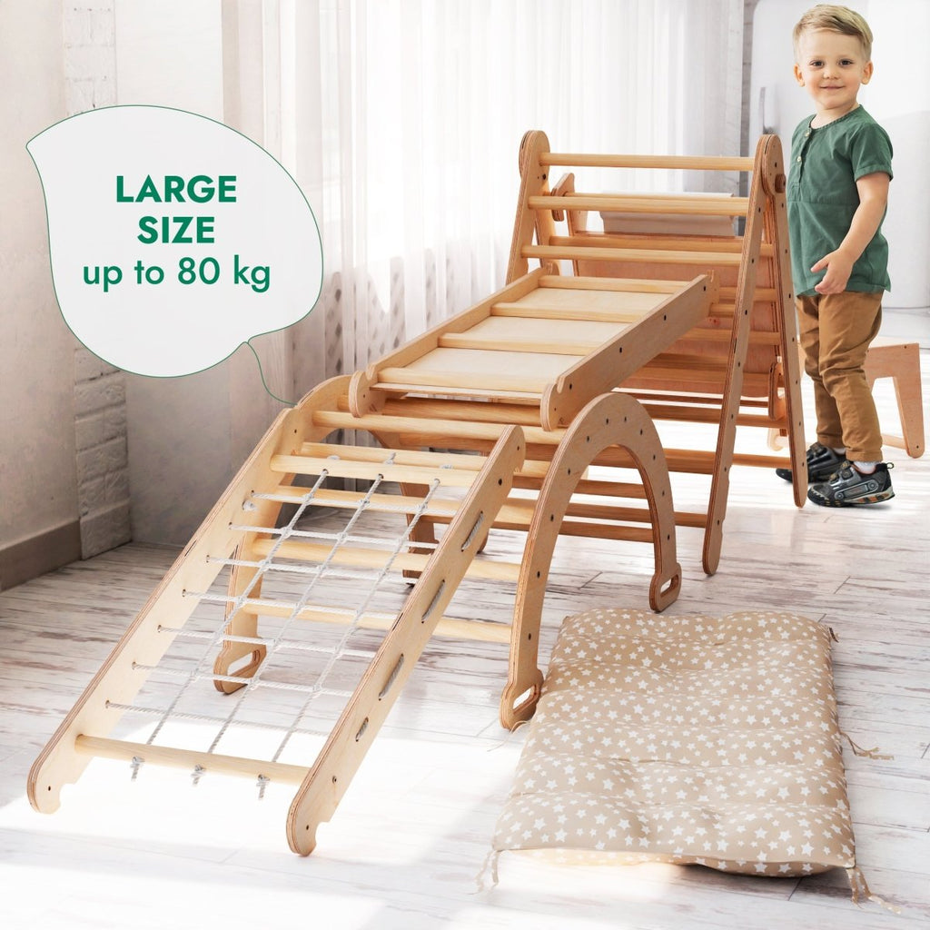 For Full Fun-6in1 Montessori Climbing Set: Triangle Ladder + Arch/Rocker + Slide/Ramp + Net + Cushion + Art Addition-6in1 Playsets