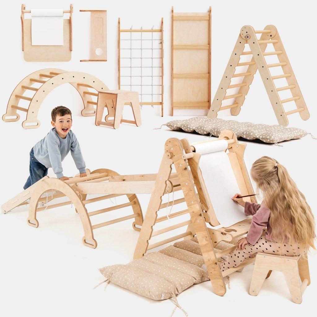 6-in-1 Montessori climbing set with triangle, arch rocker, slide ramp, net, cushion and art addition – ForFullFun