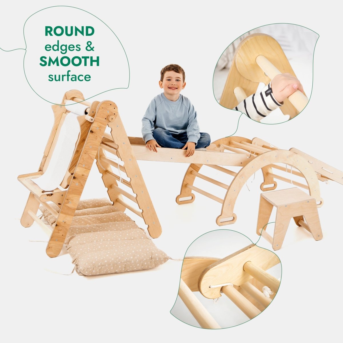 For Full Fun-6in1 Montessori Climbing Set: Triangle Ladder + Arch/Rocker + Slide/Ramp + Net + Cushion + Art Addition-6in1 Playsets