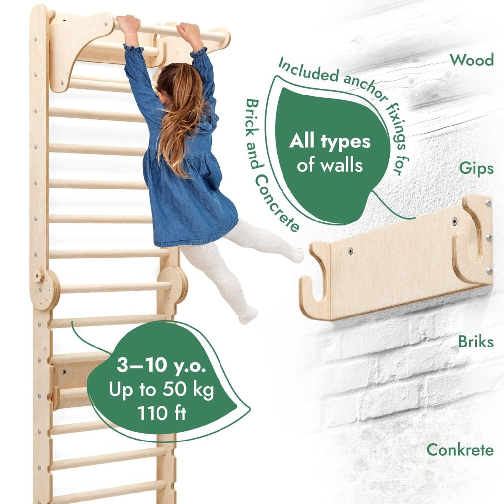 For Full Fun-6in1 Wooden Swedish Wall / Climbing ladder for Children + Swing Set + Slide Board-Swedish wall