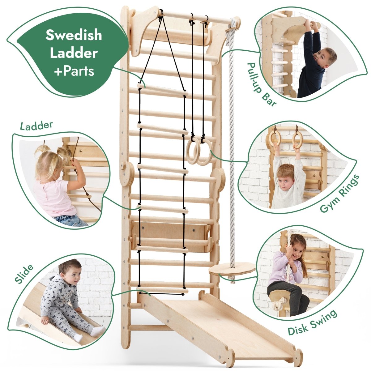 For Full Fun-6in1 Wooden Swedish Wall / Climbing ladder for Children + Swing Set + Slide Board-Swedish wall