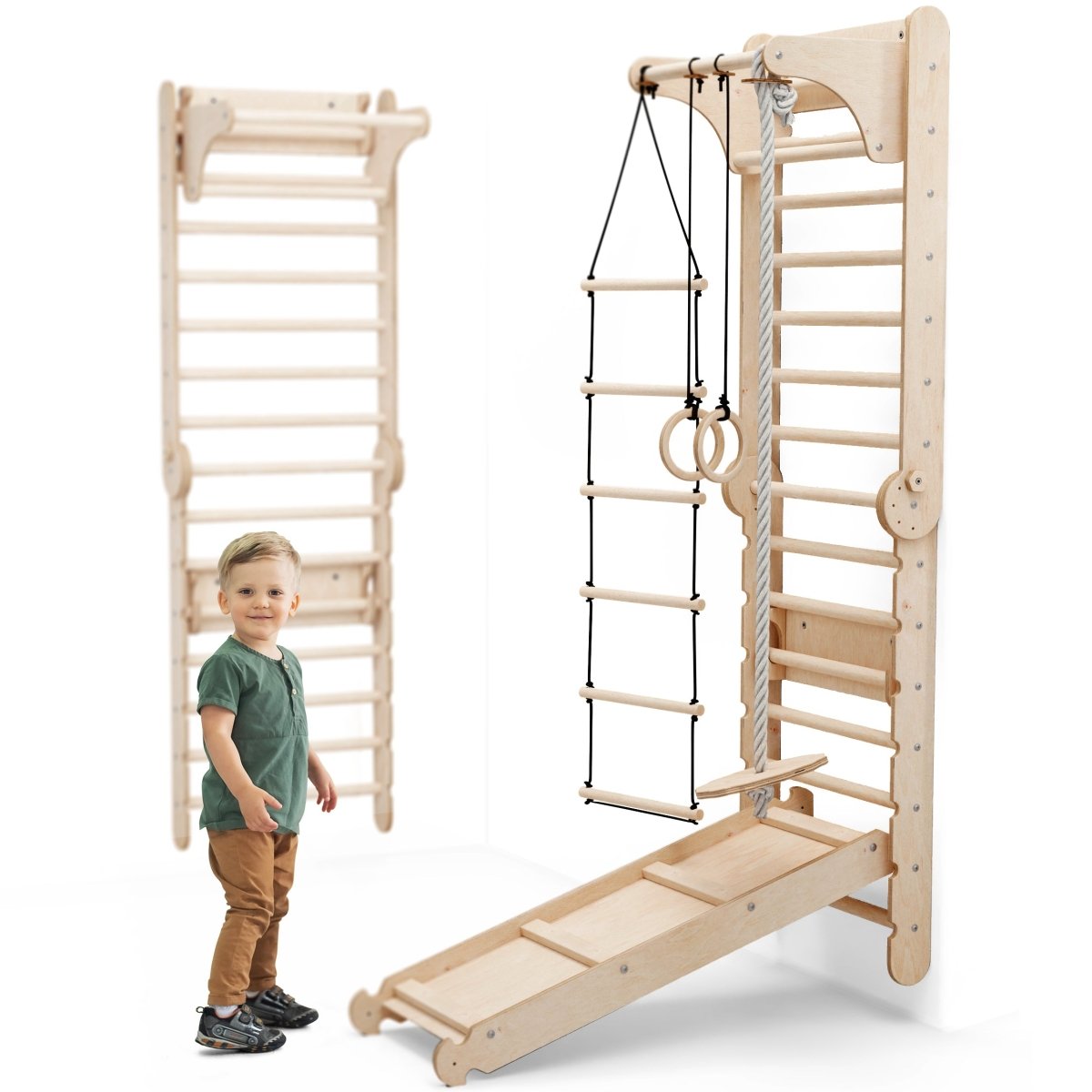 6-in-1 wooden Swedish wall climbing ladder with swing set and slide board for children – ForFullFun