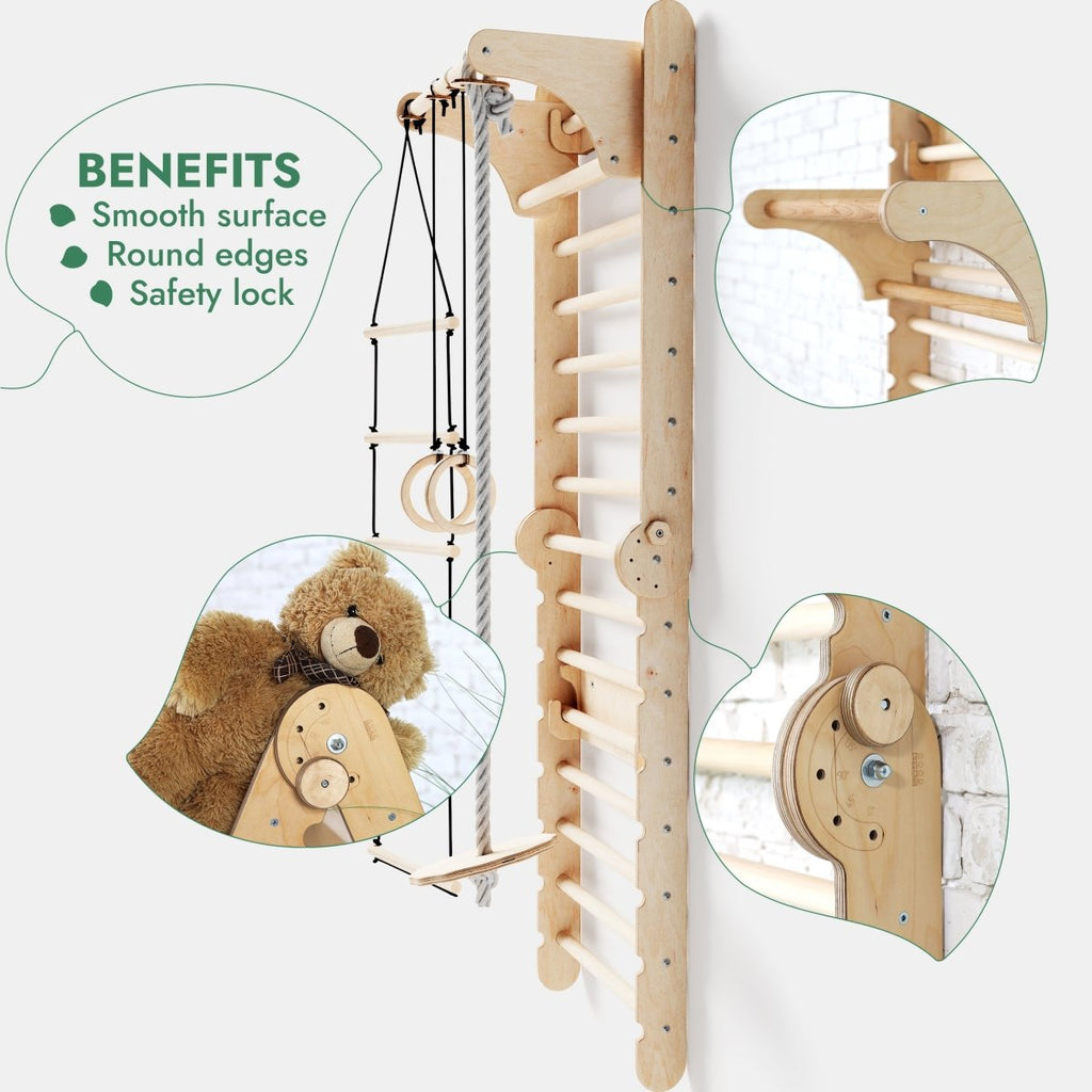 For Full Fun-6in1 Wooden Swedish Wall / Climbing ladder for Children + Swing Set + Slide Board-Swedish wall