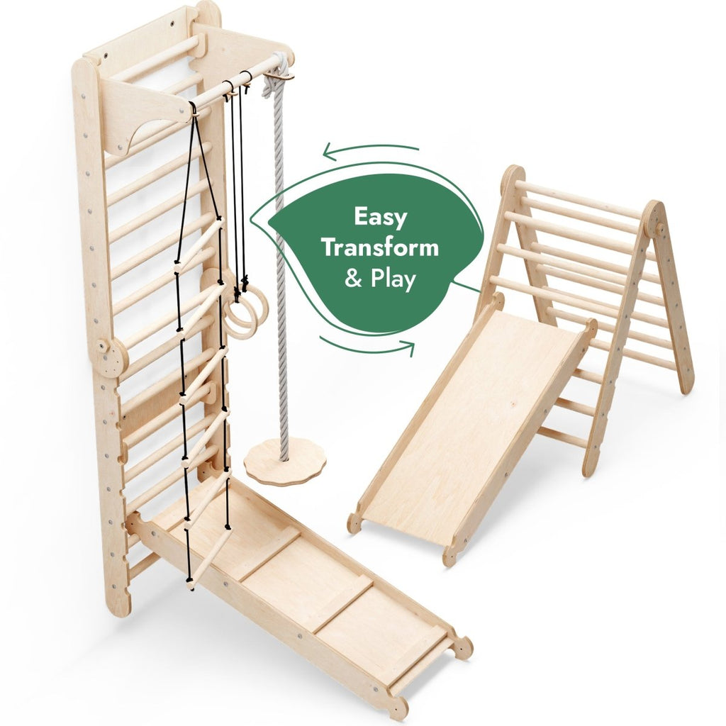 For Full Fun-6in1 Wooden Swedish Wall / Climbing ladder for Children + Swing Set + Slide Board-Swedish wall